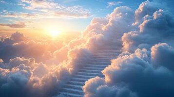 stunning staircase of soft clouds ascends into endless sky bathed in golden glow of morning sun. Pastel shades of pink and blue paint horizon creating serene atmosphere photo
