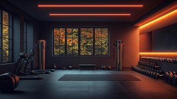 dynamic fitness advertisement showcases unique geolocation pin crafted from gym weights and kettlebells. Set in dark industrial style gym bright lighting highlights equipment's details photo