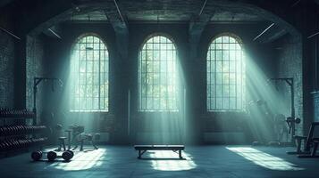 unique fitness advertisement showcases geolocation pin formed from weights and kettlebells against dark industrial gym backdrop. Strong lighting highlights equipment's textures photo