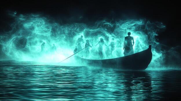 On dark waters of River Styx Charon ferries ghostly figures final judgment. Hollow eyes reflect sorrow as they drift silently through ominous glow of underworld photo