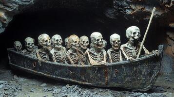 mesmerizing depiction of River Styx Charon guiding ghostly figures in dilapidated boat. atmosphere is haunting reflecting sorrow and anticipation of souls photo