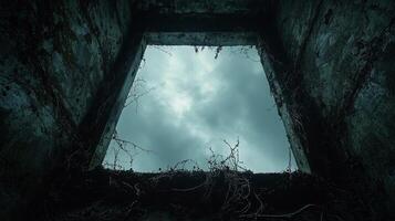 Looking up from depths of freshly dug burial pit dark soil and faint roots frame bright sky above. shadowy figure appears edge heightening mystery of scene photo