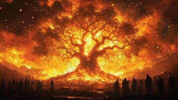 Yggdrasil burns in surreal blaze its branches shattering as golden leaves scatter into void. Divine and mortal beings stand in silence witnessing cosmic collapse photo