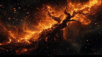 haunting depiction of Yggdrasil World Tree in celestial flames branches breaking and golden leaves representing lost memories drifting into darkness photo