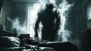 shadowy demon hovers ominously above frozen figure in bed its glowing eyes and ethereal smoke creating atmosphere of dread. Dim moonlight reveals twisted shadows against walls photo