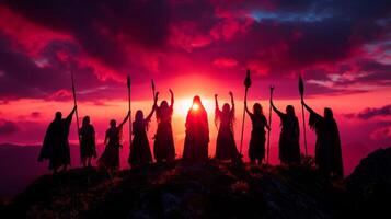 group of pagans stands on hilltop illuminated dawn light. They hold staffs and ceremonial objects celebrating arrival of spring and equinox photo