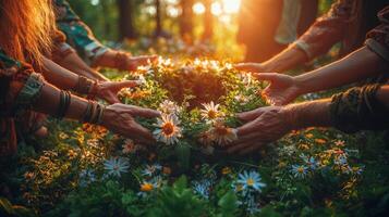 circle of pagans joins hands in serene gathering perform springtime blessing surrounded vibrant wildflowers golden sunset photo