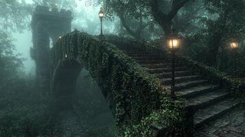 grand medieval stone bridge arches gracefully over mist filled river dawn photo