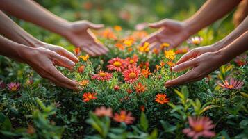 Gathered setting sun group of pagans holds hands in circle offering springtime blessing amid vibrant wildflowers creating atmosphere of tranquility and unity photo