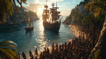 Spanish conquistadors disembark from wooden ships onto sunlit shores. Native inhabitants watch from treeline their expressions revealing cautious curiosity about newcomers photo