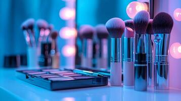 stunning geolocation pin crafted from high end beauty items like lipsticks and brushes rests on stylish vanity. background features luminous mirror adding modern aesthetic photo