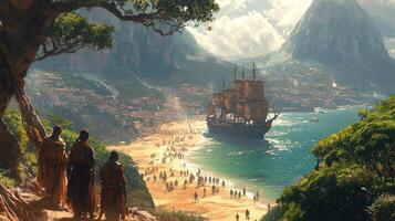 Spanish conquistadors disembark from their wooden galleons onto golden beach while native inhabitants observe from trees revealing meeting of two cultures in new world photo