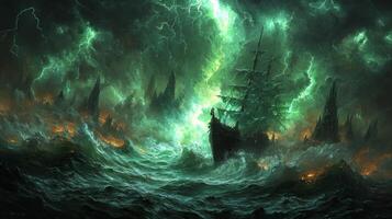 terrifying ship crafted from fingernails of dead sails through tumultuous seas. Loki and Hela lead army of damned amidst cries of lost souls and stormy skies photo
