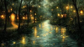 river glows faintly visible faces and ancient symbols photo