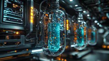 high tech hospital room displays IV drip containing luminous blue liquid. Medical monitors softly reflect in background while transparent tubing emits faint glow photo