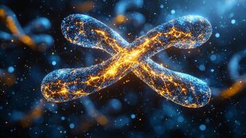 portrayal features luminous chromosome suspended in deep blue space surrounded intricate DNA strands and tiny particles. representation highlights advancements in genetic science photo
