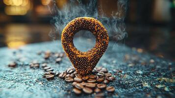visually striking advertisement showcases geolocation pin crafted from coffee beans steam rising evoke essence of freshly brewed coffee in modern setting photo