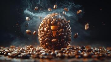 advertisement showcases digital geolocation pin crafted from coffee beans wisps of steam rising suggest fresh coffee. sleek dark background adds modern touch photo