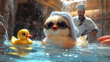 whimsical illustration depicts chicken lounging in giant pot filled bubbles wearing sunglasses and towel blissfully unaware of absurdity while shocked chef watches photo