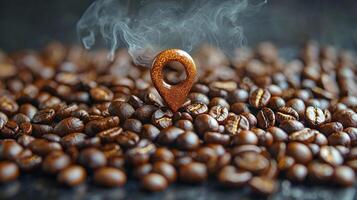 striking advertisement captures geolocation pin crafted from coffee beans steam rising evoke aroma of freshly brewed coffee. dark background enhances its modern appeal photo