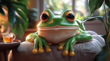 happy chubby frog lounges on half moon shaped couch blissful expression. It enjoys drink while surrounded warm lighting and decorative plants creating whimsical retreat photo