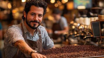 skilled barista showcases unique arrangement of coffee beans shaped like geolocation pin surrounded warm lighting and lively caf backdrop inviting patrons enjoy photo