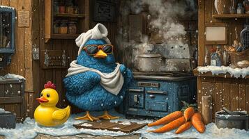 whimsical chicken bathes in giant boiling pot wearing sunglasses and towel while bubbles rise around it. rubber duck floats nearby as shocked chef peeks in astonished photo