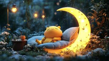 delighted frog sprawls on stylish moon shaped couch blissfully relaxed drink nearby. cozy setting features warm lighting and decorative plants enhancing its charm photo