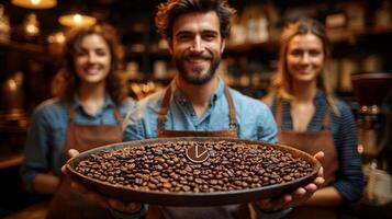barista showcases artistic arrangement of coffee beans shaped like geolocation pin while warm light enhances inviting vibe of cafe photo