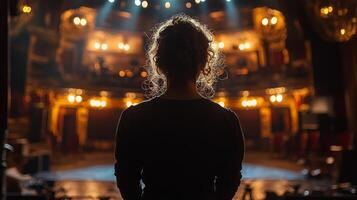 In shadows stage crew member dressed in black skillfully adjusts set piece while captivating performance unfolds. Their silhouette emphasizes vital role of backstage support photo