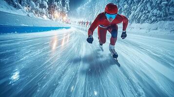 Speed skaters glide across bright blue inner lane of Olympic sized oval track photo