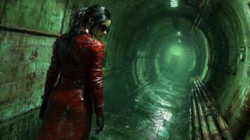 person strides confidently through dark concrete maze of rusted pipes wearing striking red trench coat and futuristic sunglasses pop against cold surroundings photo
