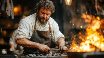 Burly blacksmith in leather apron strikes glowing horseshoe on anvil in rustic workshop. warm glow from fire illuminates his focused expression as sparks fly photo