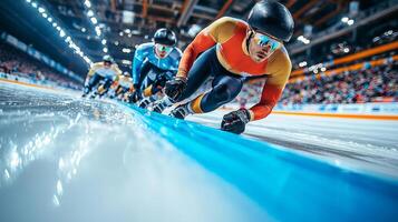 Competitors glide effortlessly around oval track their bodies positioned for optimal speed as they navigate sharp turns. bright blue lanes contrast gleaming ice photo