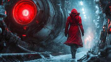 person adorned in vibrant red trench coat strolls through stark industrial labyrinth characterized cold concrete walls and dim lighting creating striking contrast photo