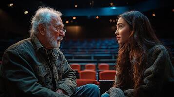 In cozy theater director in audience guides actors on stage during rehearsal highlighting collaborative spirit of performance preparation photo
