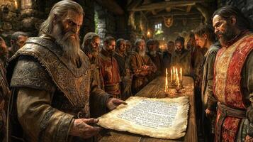 In dark chamber illuminated candlelight sect members listen intently as their leader reveals ancient prophecy on weathered scroll. Ancient relics surround them photo