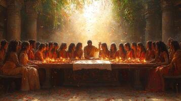In mystical chamber lit candles sect followers surround long table focused on their leader as he points weathered prophecy. Ancient scrolls and artifacts fill space photo