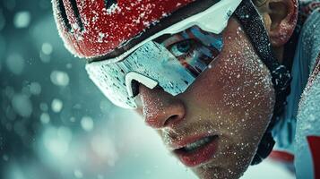 visible breath in cold air speed skater channels intense concentration just moments before their race begins. athlete embodies determination in frozen arena photo
