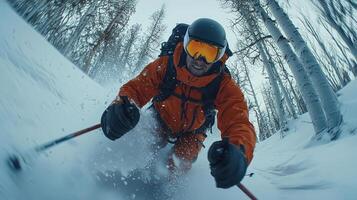 professional biathlete moves swiftly across snowy ground showcasing athleticism. low angle perspective captures determination in their expression and dynamic movement photo