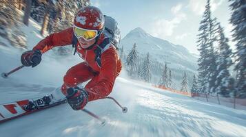 skilled biathlete glides gracefully through snowy landscapes captured mid stride showcasing intense focus and high speed motion amid breathtaking winter backdrop photo