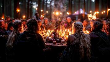 circle of pagans celebrates spring in serene forest setting gathered around decorated earth altar eggs flowers and sprouting plants. Candles and incense create mystical ambiance photo