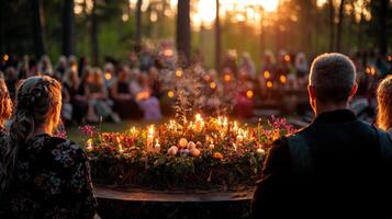 In tranquil outdoor setting circle of pagans is gathered around earth altar adorned spring symbols. Candles flicker and incense rises in gentle breeze during serene celebration photo