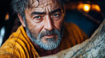 Inside dimly lit wooden ship cabin rugged Spanish explorer examines weathered parchment map. His determined gaze reflects years of adventure filled scars and untamed beard photo