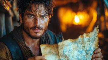 Spanish explorer closely examines weathered map candlelight in wooden ship cabin. His scarred face and unkempt beard reflect life of adventure and resolve photo