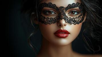 elegant dominant woman captivates black lace mask revealing her intense gaze and red lips. dramatic lighting enhances sense of mystery and power in dark setting photo