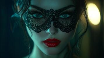 elegant woman black lace mask partially concealing her face exudes power and mystery. Her intense gaze and red lips stand out against dark moody background photo
