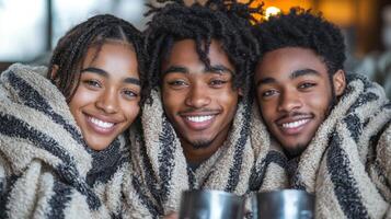 Three partners relax in stylish living room sharing smiles and cozy blanket while enjoying book and warm drinks. atmosphere reflects affection and comfort photo