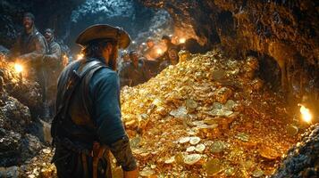 conquistador stands proudly beside massive pile of gold and treasures taken from indigenous people while his men cheer in dark cavern illuminated flickering torches photo