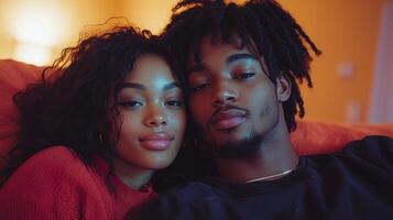 loving couple welcomes their partner open arms on plush couch. Their relaxed demeanor and warm gazes reflect deep affection and trust shared among them in cozy setting photo